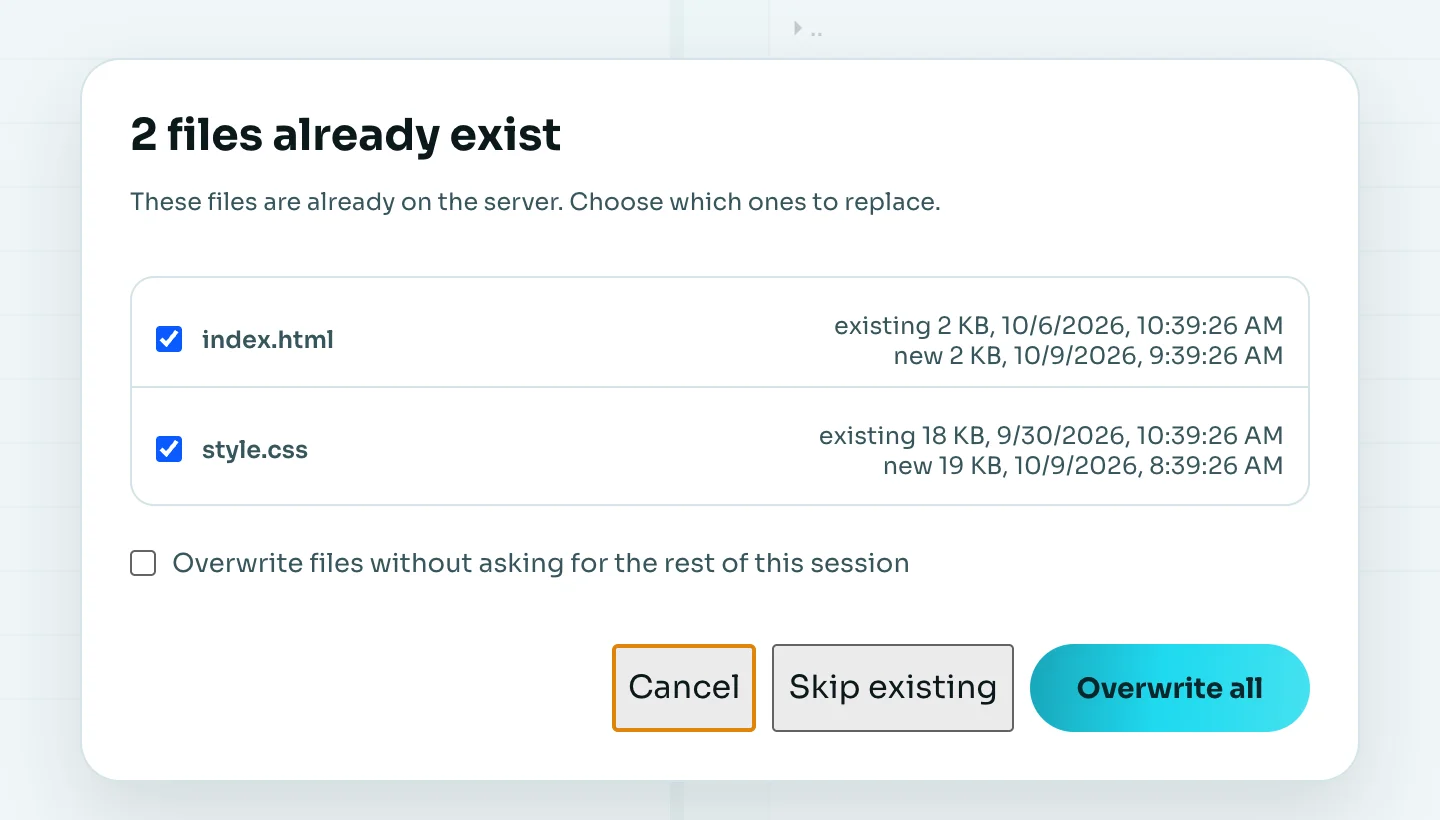 SSH Command’s file-already-exists dialog listing two files with their existing and new sizes and dates, with Cancel, Skip existing and Overwrite all buttons