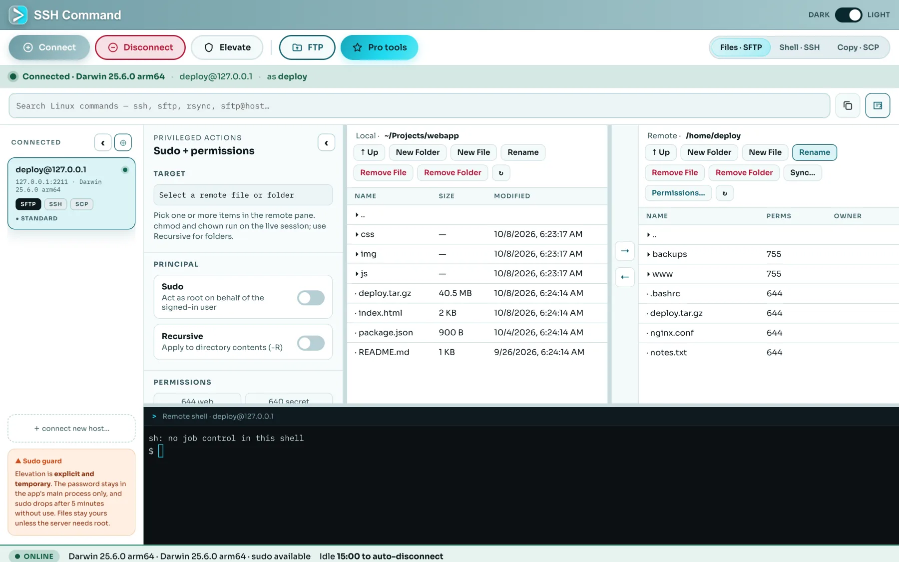 SSH Command connected to a server: local and remote file panes side by side with a live shell underneath