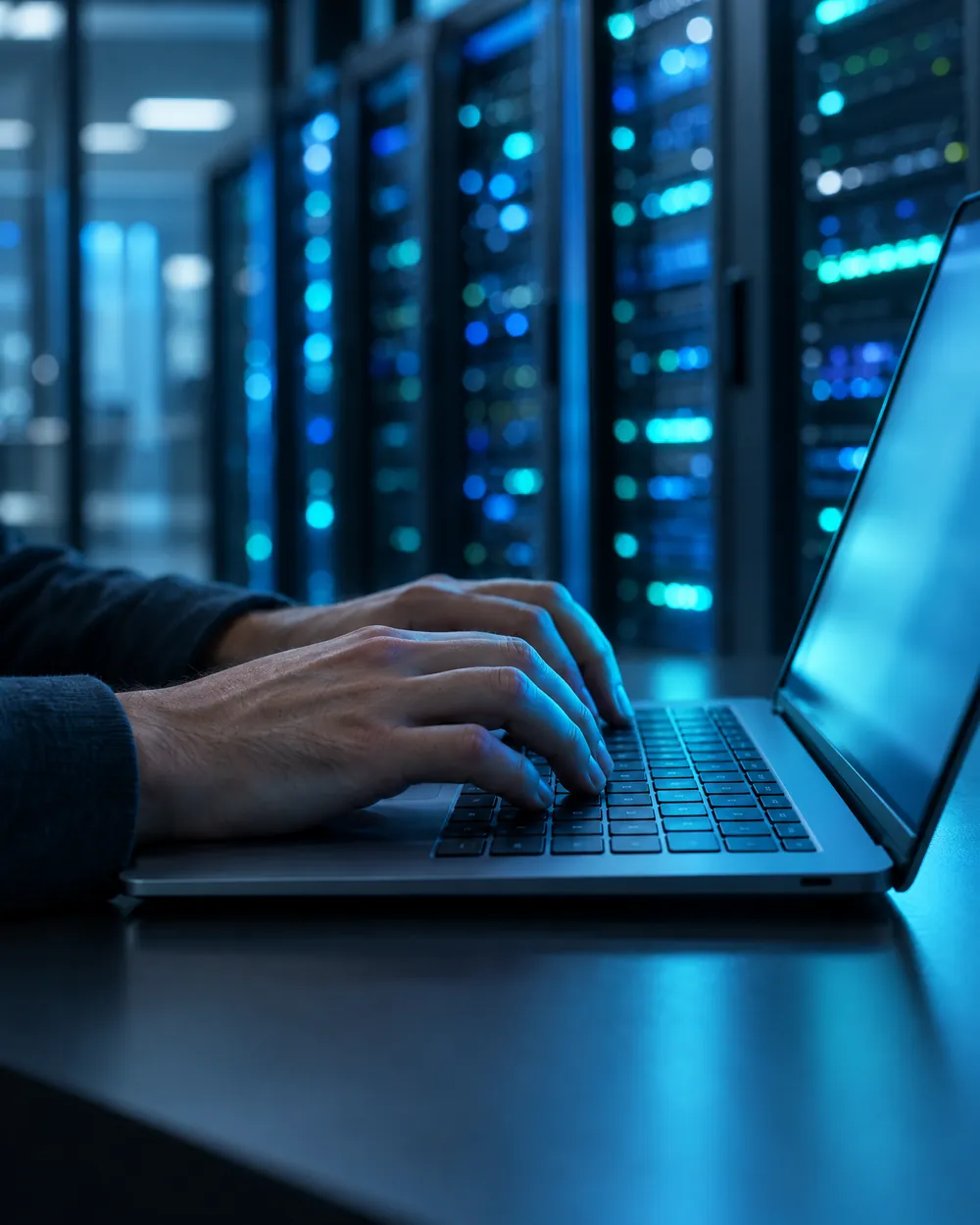 A systems administrator typing on a laptop in front of rows of server racks glowing cyan