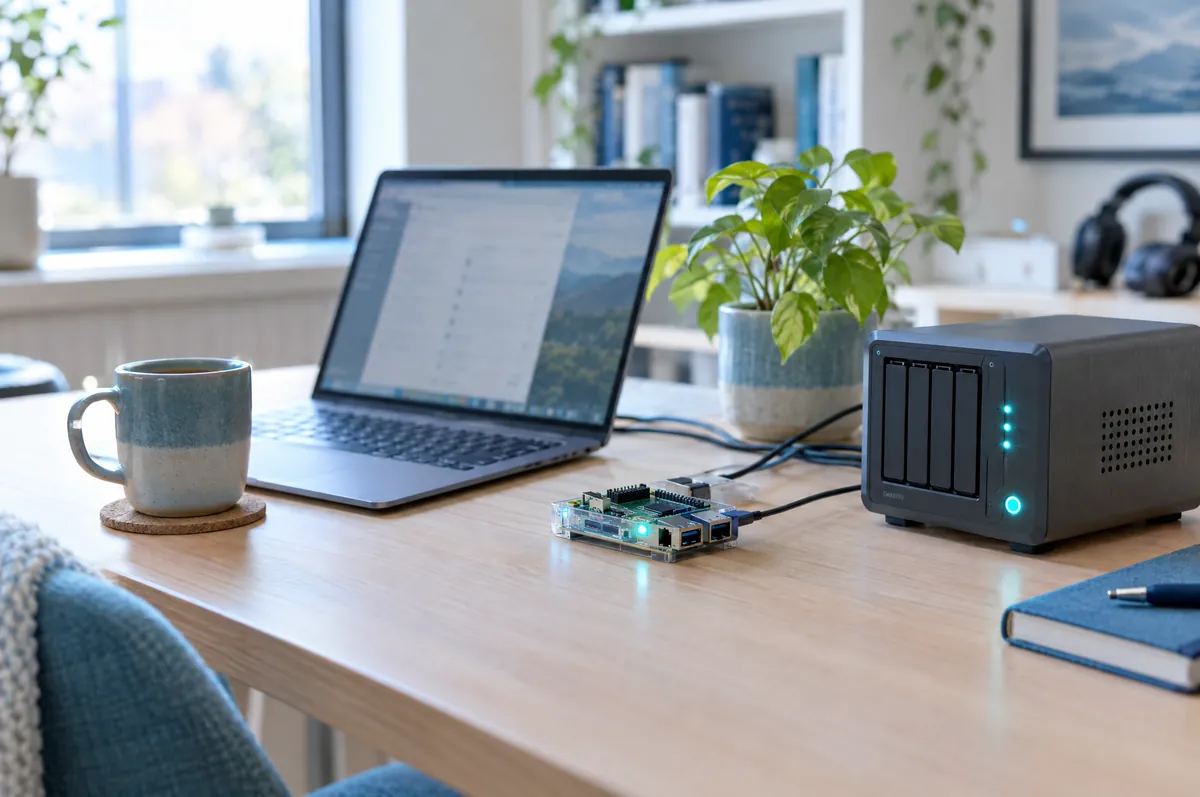 A tidy home-lab desk with a laptop, a single-board computer and a small home server with cyan status lights