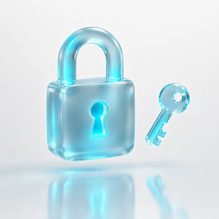 A frosted-glass padlock and key glowing cyan, representing the encrypted vault